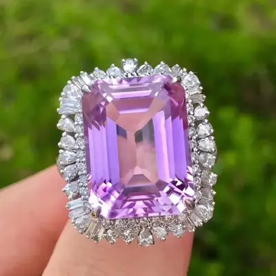 Imitation Natural Rectangular Amethyst Treasure Ring Plated 18K White Gold