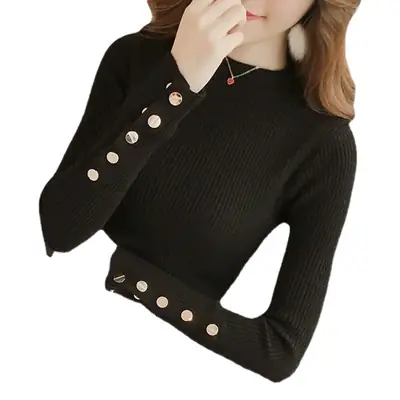 Black Knitted Half Turtleneck Sweater with Button Front
