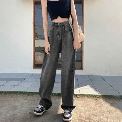 Women Wide Leg Jeans Spring Autumn Adjustable High Waist Loose New Slim Look Tall Floor Trendy Straight Pants