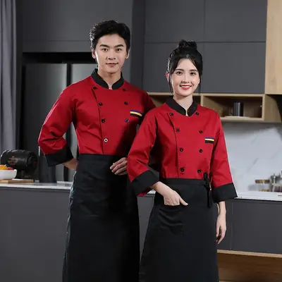 Men's White Chef's Coat with Black Collar & Colorful Pockets