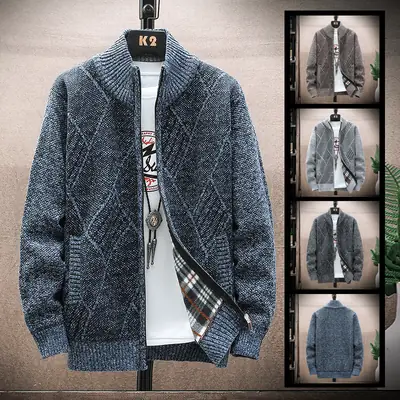 Men's 2021 Fleece Lined Geometric Cardigan Coat Large