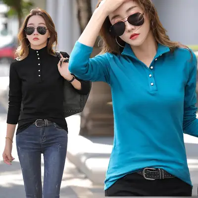Women's Cotton Collar T-Shirt Brown Long Sleeve