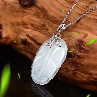 Guan Yu Burmese Jade Leaf Pendant S925 Silver Inlaid