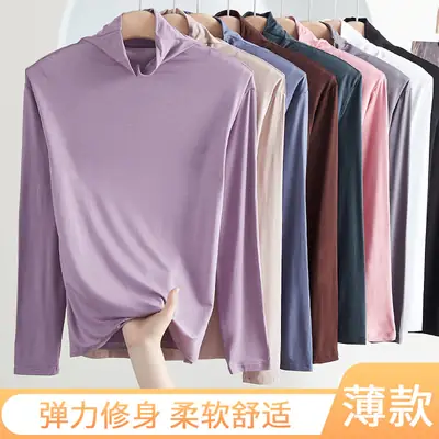 Women's Beige Modal Turtleneck Slim Fit Winter T-Shirt