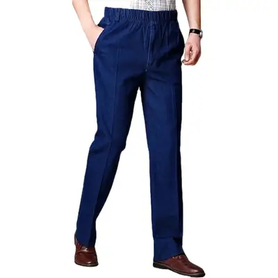 Men Blue Elastic Waist Jeans High Waist Casual
