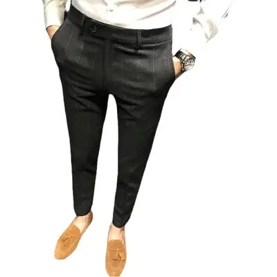 Men Slim Fit Plaid Skinny Pants Winter