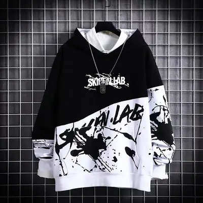 Japanese Hip-Hop Hooded Sweater Men Black White Graphic Long Sleeve