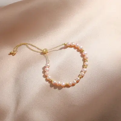 Pink Pearl Bracelet 18K Gold Free Adjustable Small