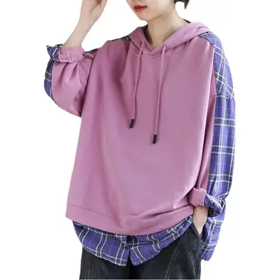 Women's Purple Hooded Sweatshirt with Plaid Shirt