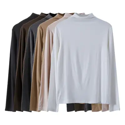 Women's Brown Long Sleeve Half-High Neck Shirt