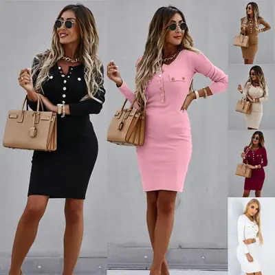 Women's Long Sleeve Button Dress Beige Winter