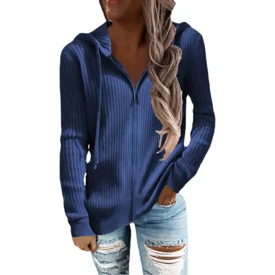 Women White Striped Zipper Cardigan Long Sleeve Hooded Sweater