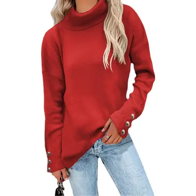 European and American cross-border autumn and winter New striped high-mouth button sweater solid color casual loose plus size sweater for women