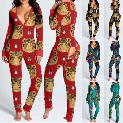 Women Leopard Print V-Neck Snap Jumpsuit Pajamas