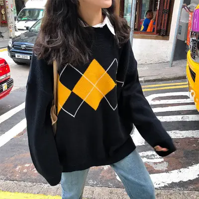 Women Brown Diamond Plaid Knitted Sweater Coat