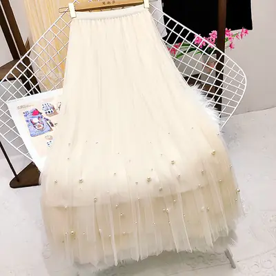 Feminine Beaded Mesh Skirt Pink High Waist