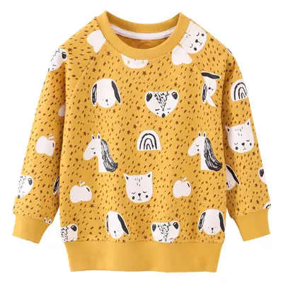 Yellow Cat Print Long Sleeve Terry Sweatshirt for Kids