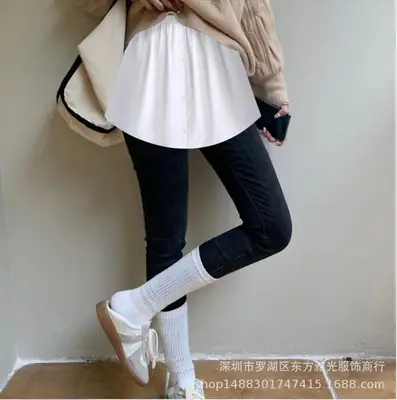New European American Export Fake Hem Short Skirt Sweatshirt Bottoming Pure Color Buttoned 3XL