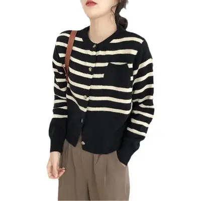 Women Striped Long Sleeve Knit Sweater Red White
