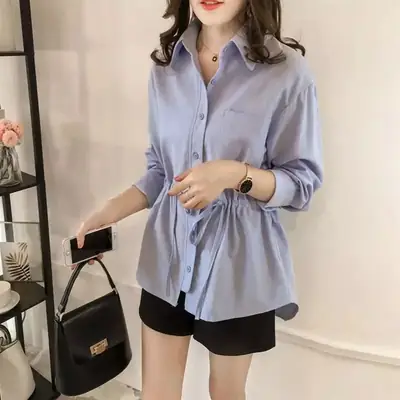 Women's Light Blue Waist-Tight Long Sleeve T-Shirt