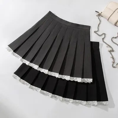 Black Pleated Skirt High Waist Lace Stitching