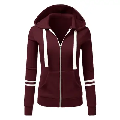 Women Grey Hooded Zipper Sweatshirt Jacket Cotton Autumn Winter