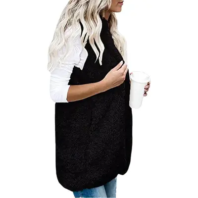 Women's Fleece Sleeveless Vest with Hooded Pocket Beige