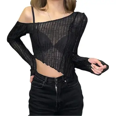 Black Long Sleeve Hollow Top with Crossbody Strap