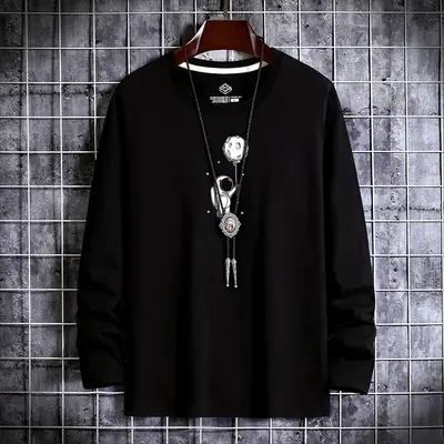 Men Grey Cotton Long Sleeve T-Shirt Large