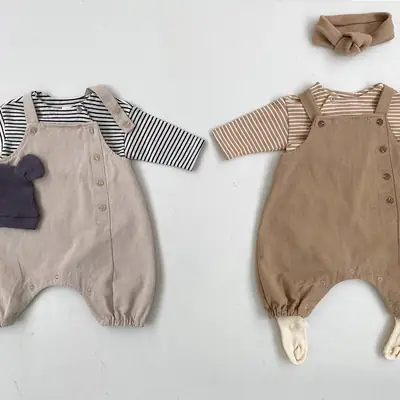 Baby Striped Strap Pants Brown Beige Side Buckle Casual Western Style
