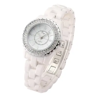 Women's Ceramic Rhinestone Roman Watch White Strap