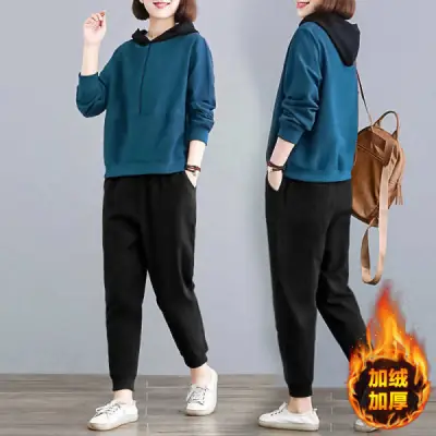 Women Fleece Hoodie Sweatpants Set Grey Large Winter Casual