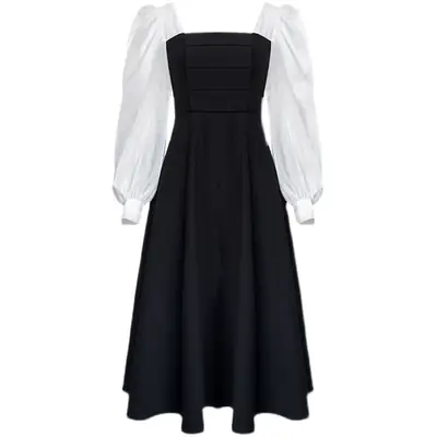 Long Sleeve Black Organza Dress Women Spring Autumn Stitching Square Collar