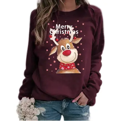 Women Christmas Print Sweatshirt Brown Round Neck Long Sleeve