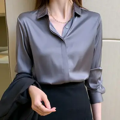Women's White Satin Long Sleeve Shirt with Belt