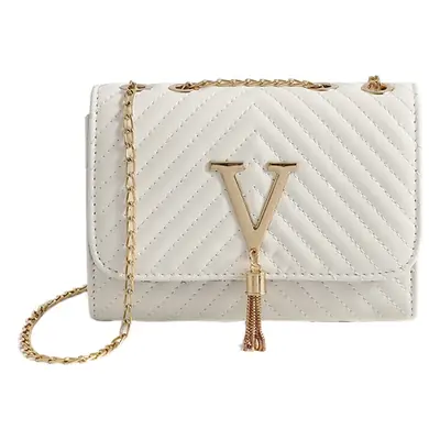 White Quilted LV Style Shoulder Bag with Tassel Decor