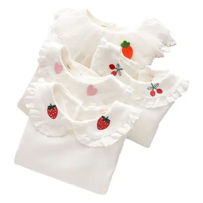 Girls Long Sleeve T-Shirt White Strawberry Butterfly Collar Baby Girl