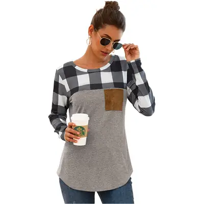 2021 Women's Plaid Crewneck T-Shirt Red Grey