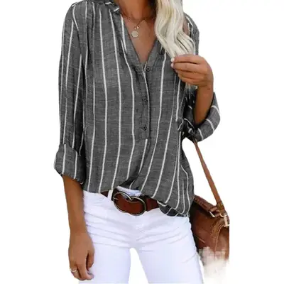 Women Striped Half-Packet Shirt Long Sleeve Casual Top