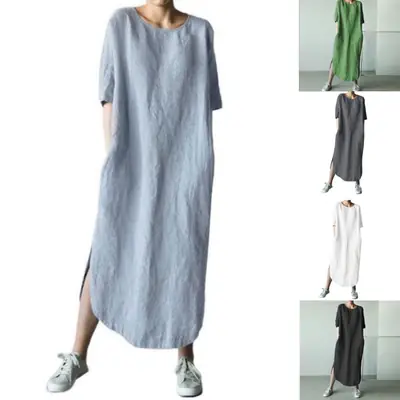 Green Cotton Linen Side Slit Half-Sleeve Mid-Calf Dress