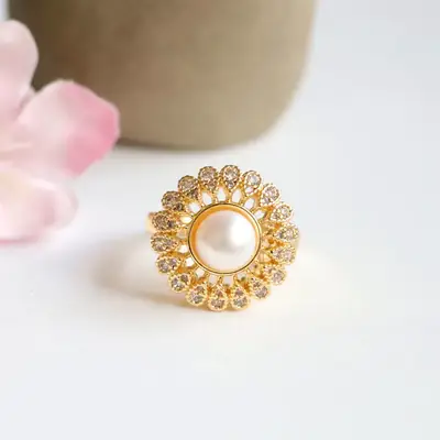 Guan Yu Freshwater Pearl Sunflower Ring with Full Diamond Setting