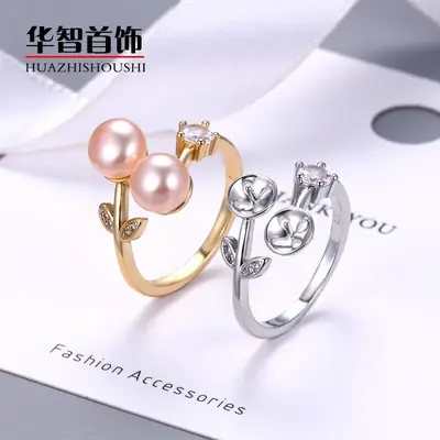 Japanese Korean Pearl Ring Gold Silver Double Open Design