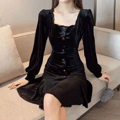 Black Velvet Square Collar Dress for Women 2024