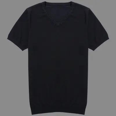Men V-Neck Knitted T-Shirt Cream Winter Half Sleeve
