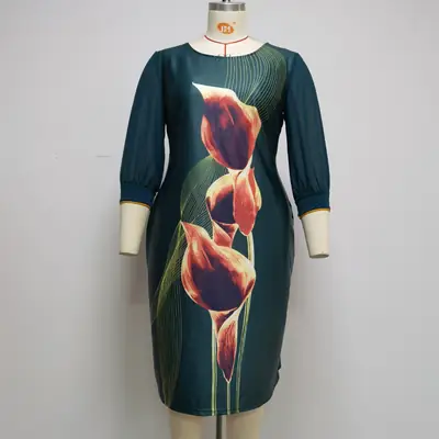 Printed Seven-Sleeve Dress for 6XL Women