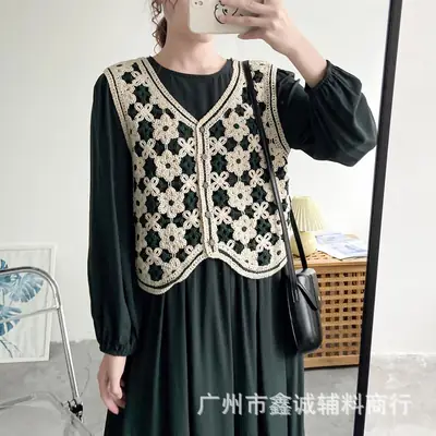 Korean Style Black Knitted Vest with Embroidered Hollow Design