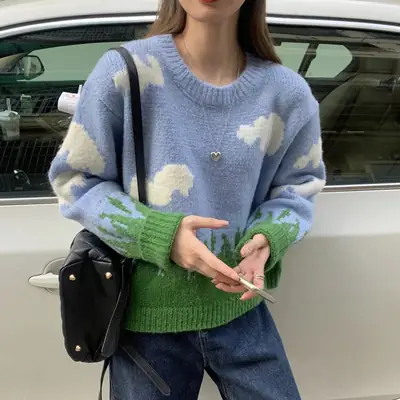 Women's Blue Cloud Pattern Sweater Set Winter Warm Loose Fit
