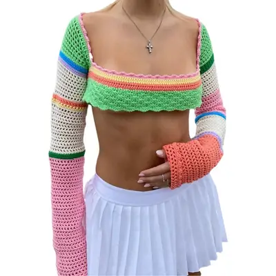 2021 Knitted Long Sleeve Women's Top with Colorful Stripes