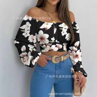 Off-Shoulder Floral Print Long Sleeve T-Shirt for Women
