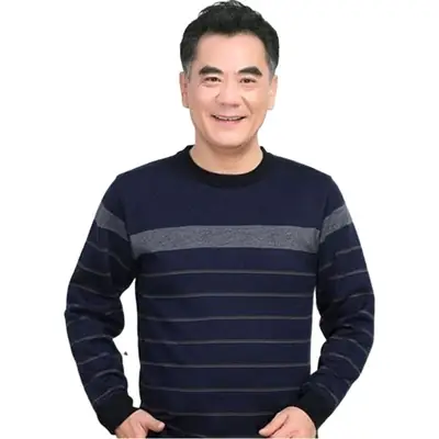 Middle-aged Men Long Sleeve T-Shirt Maroon Black Round Neck